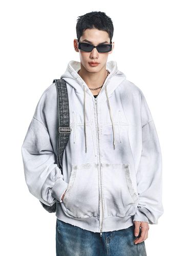 Washed Patch Oversized Zip Up Hoodie - EASY NO EASY - Modalova