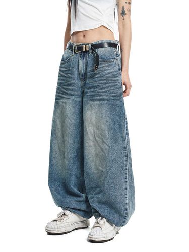 Oil Washed Wide Fit Denim Baggy Pant - EASY NO EASY - Modalova