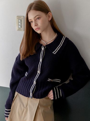 Contrasting Collar Knit Cardigan - ANOETIC - Modalova