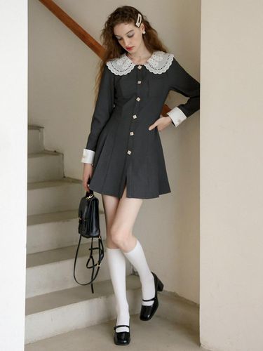 Embroidered Collar Button Dress_Gray - Cest Moidew - Modalova