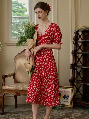 Red Puff Sleeve Floral Dress - Simple Retro - Modalova