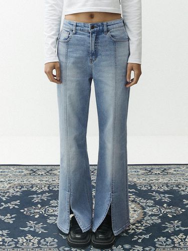 Slit Flare Fit Fade Wash Denim Pants - Light Indig - MAGOODGAN - Modalova