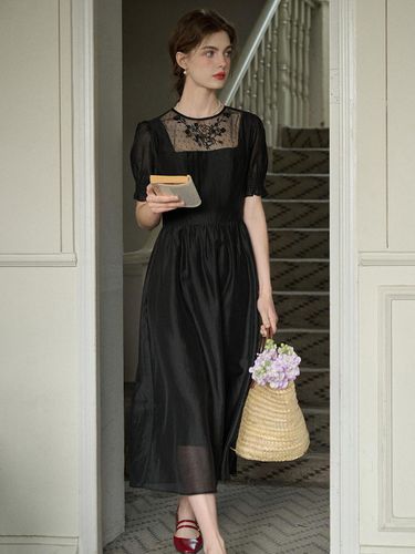 Mesh Embroidery Black Dress - Simple Retro - Modalova