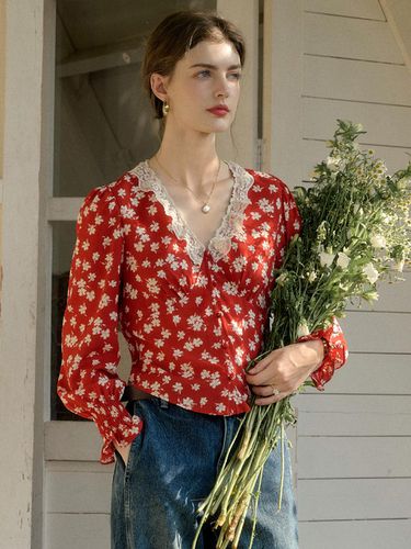 Floral V-Neck Red Blouse - Simple Retro - Modalova