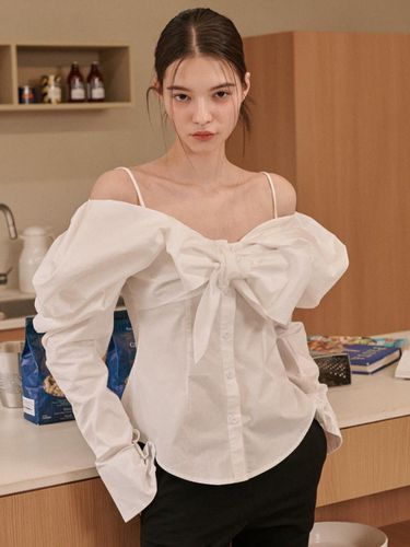 Ribbon Off-shoulder Polyester Blouse [beige] - HIBISCUS BLOOM - Modalova