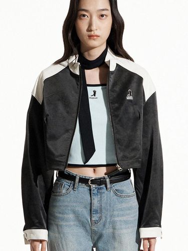 High Necked Collar Crack Vegan Leather Jacket - COQUET - Modalova