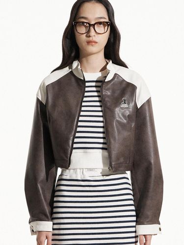 High Necked Collar Crack Vegan Leather Jacket - COQUET - Modalova