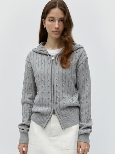 Cable Knit Zip Up Hoodie - Gray - DEPOUND - Modalova