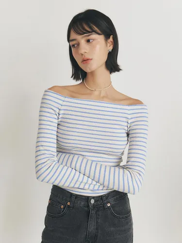 Off-shoulder Stripe T-shirt_Blue Stripe - MANNON - Modalova