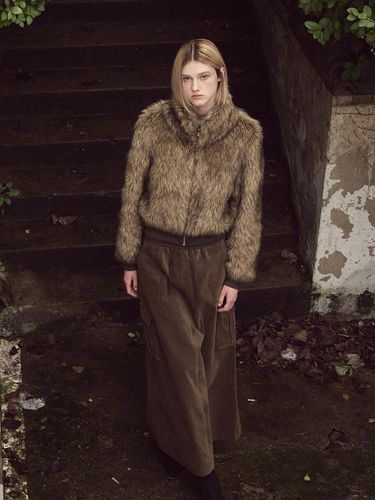 High-Neck Fur Zip-Up Jacket_Khaki Brown - ETMON - Modalova