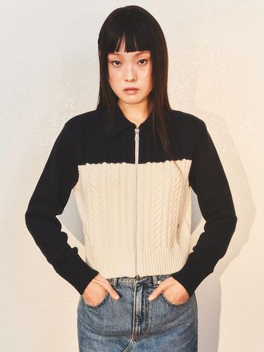 Cable Zip Up Knit Cardigan - Navy - kuho plus - Modalova