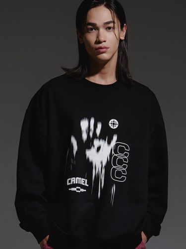 Hand Printing Brushed Fleece Sweatshirt [Black] - CAMELWORK - Modalova