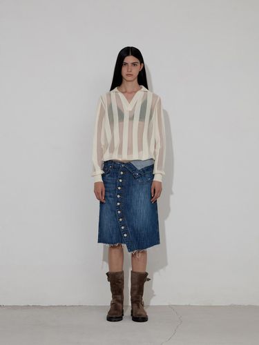 Stripe Open Collar Knit - SALTY PEBBLE - Modalova