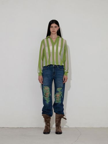 Stripe Open Collar Knit [Green] - SALTY PEBBLE - Modalova