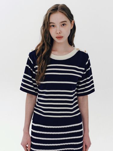 Button Boat Neck Stripe Knit Pullover - marieclaire - Modalova