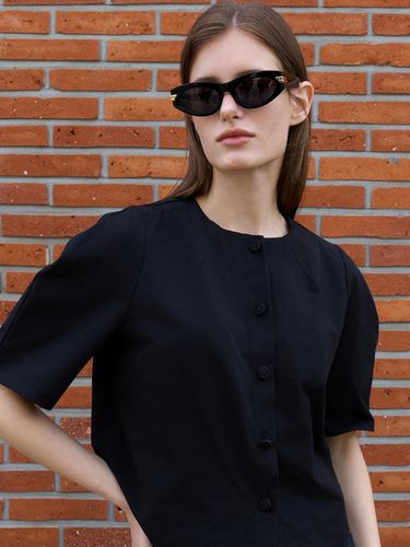 Linen Balloon Sleeve Blouse - Black - ouie - Modalova