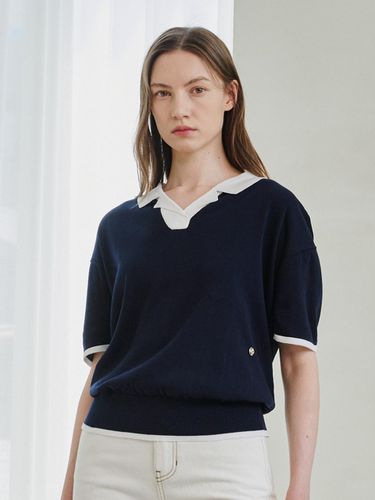 Color Contrast Collared Knit - Navy - Nouve - Modalova