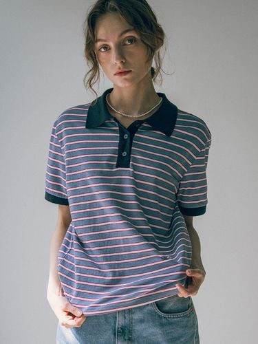 Stripe Polo T-Shirt (Sky blue/Navy) - vanone atelier - Modalova