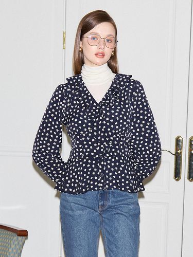 Puff Shoulder Ruffle Blouse_Navy - SALON DE YOHN - Modalova