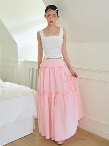 Ribbon Shirring Gingham Check Maxi Skirt_Pink - SALON DE YOHN - Modalova