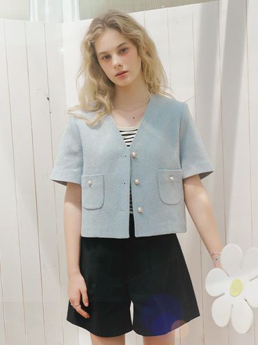 Collarless Pearl Button Tweed Jacket (Sky blue) - TILLIDIE - Modalova