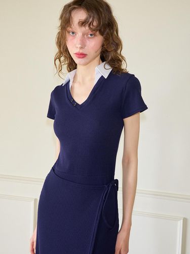 Shirt Detail Long Wrap Dress_Navy - SALON DE YOHN - Modalova