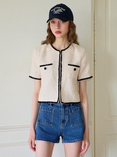 Trimming Tweed Short Sleeve Jacket - SALON DE YOHN - Modalova