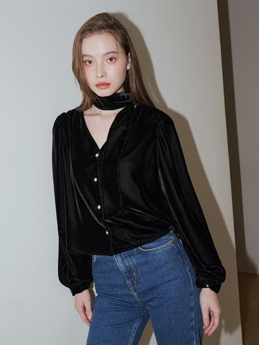 V-neck Velvet Blouse - Black - VEM.VER - Modalova