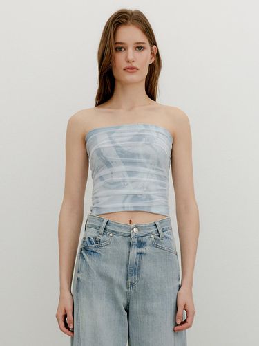 Mesh Layered Printed Shirring Tube Top_Sky Blue - YUSE - Modalova