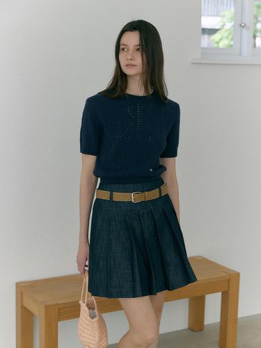 Belt Point Pleats Skirt_Indigo Denim - MOAT - Modalova