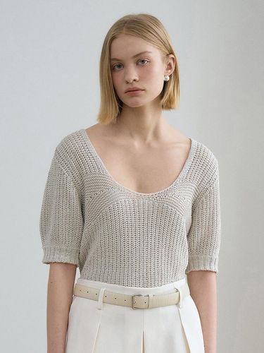 Puff Sleeve Netted Knit Top - RENEJ - Modalova