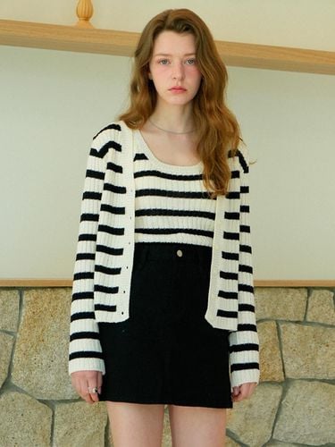 Round Stripe Cardigan & Sleeveless Knit Set Up - B - VLETI - Modalova