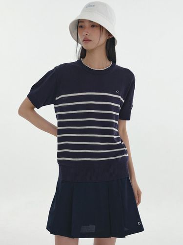 Stripe Round Neck Knit Top_Navy - CLOVE - Modalova