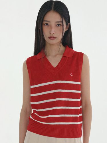 Collared Stripe Sleeveless Knit Top_Red - CLOVE - Modalova