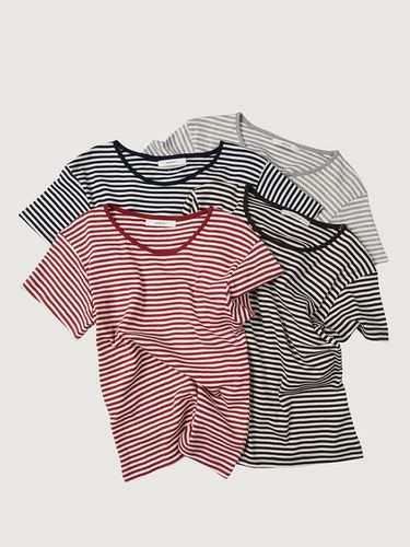 Stripe U-neck Button T-shirt (4 Color) - dankedir - Modalova