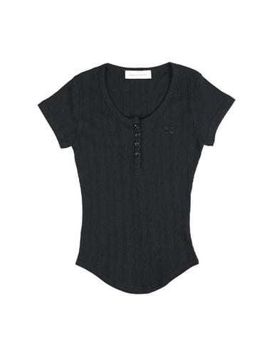 Henry Neck Button Rib Short Sleeve Top_Black - ETRE AU SOMMET - Modalova