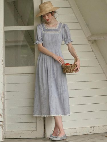 Literary Lace Square Neck Linen Dress - Simple Retro - Modalova