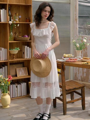 Lace Square Neck White Dress - Simple Retro - Modalova