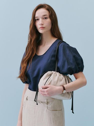 Linen Shirred Half Blouse_Navy - REBOLD - Modalova