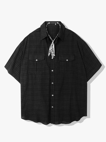 Washed Check Linen 2 Pocket Half Shirt_Black[bandana necklace set] - S SY - Modalova