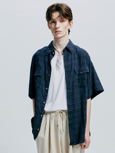 Washed Check Linen 2 Pocket Half Shirt_Navy - S SY - Modalova