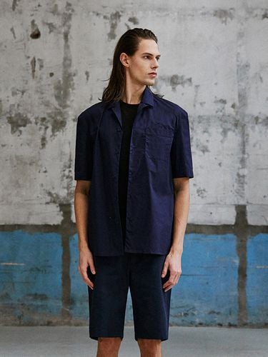 Cotton Oversized Short Sleeve Shirt_Navy - SOLEW - Modalova