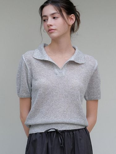 Open Collar Netting Knit Top_Melange Gray - ourcomos - Modalova