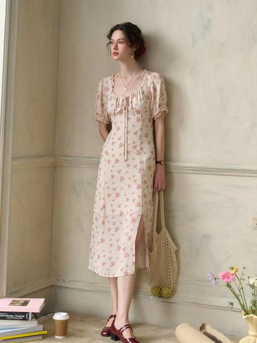 Romantic Slit Pink Floral Dress - Simple Retro - Modalova