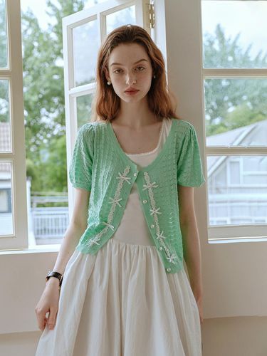 Lace Bow Short Sleeve Cardigan - Cest Moidew - Modalova