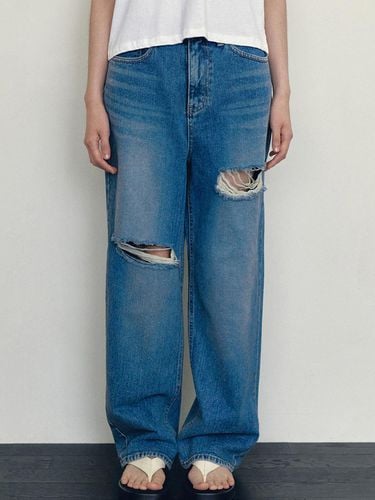 Vintage Damage Cat Washing Denim Pants - LOEIL - Modalova