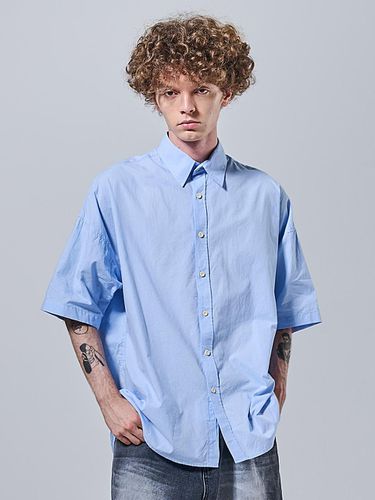 Oversized Oxford Collar Short Sleeve Shirt_Blue - OTHERFITS - Modalova