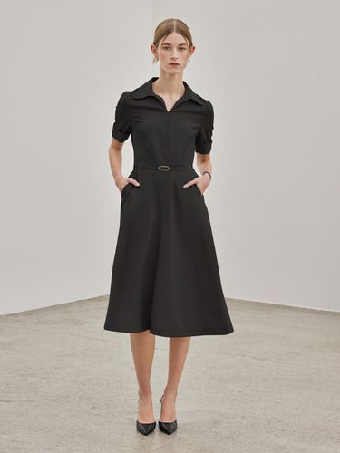 Belted Collar Flare Dress - Black - hyyk - Modalova