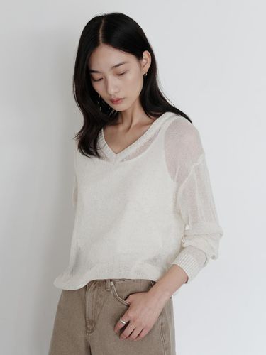 Linen Sheer V Neck Knit Top - URAGO - Modalova