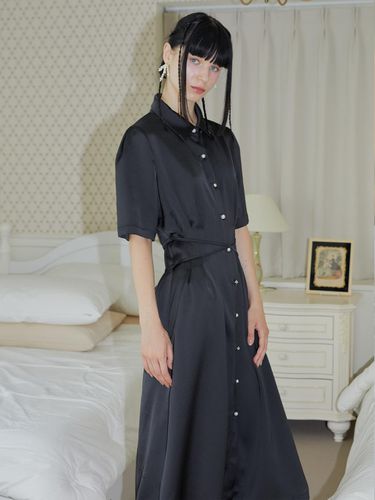 Silky Cross Shirt Dress - Black - ILLUSTRIS ILLUSION - Modalova